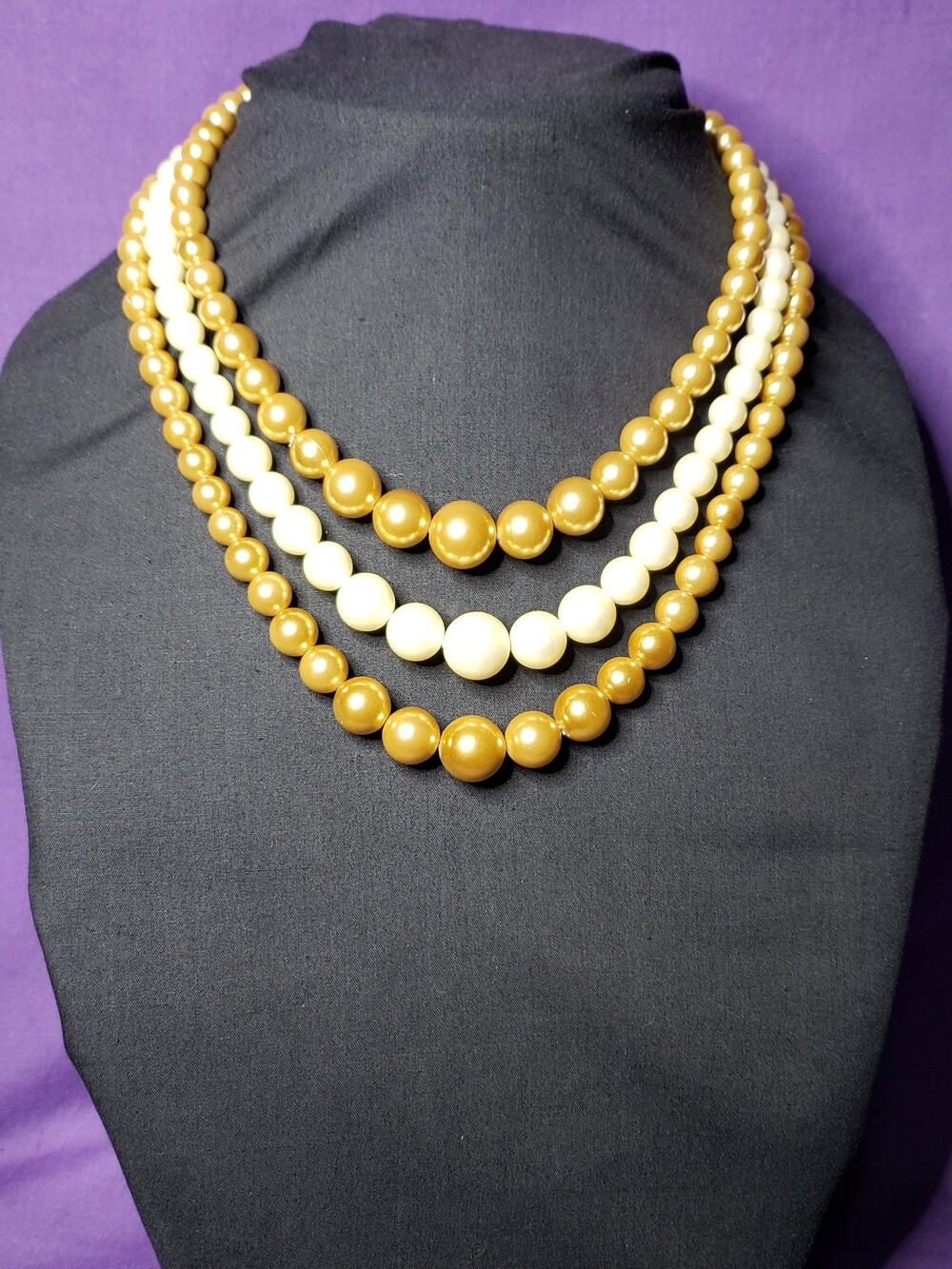 Vintage Three Strand Faux Pearl Necklace, Golden Champagne and Matte Cream Color